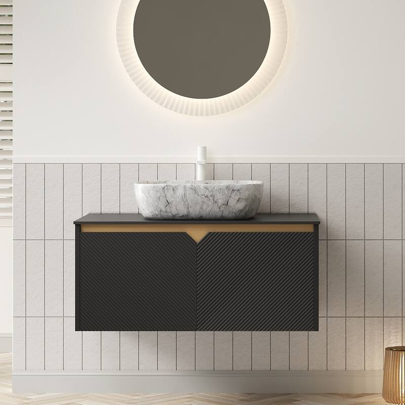 30"/36"/48" Floating Bathroom Vanity with Vessel Sink, Wall Mounted Sintered Stone Countertop Bathroom Storage Cabinet - Black - Marble Pattern Ceramic Basin - 36 Inch