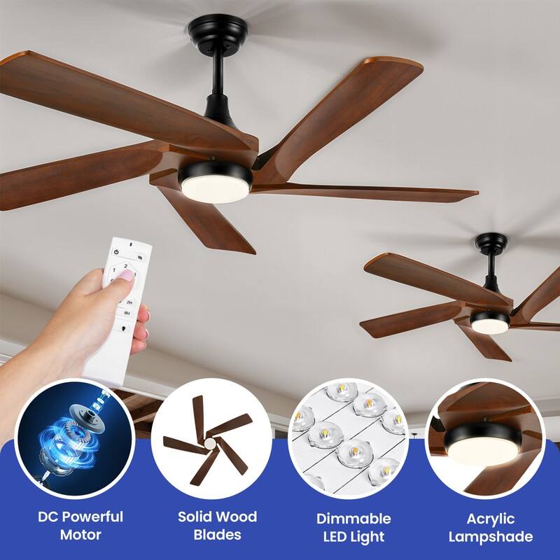 52" Ceiling Fan Lights With Remote Control and 5 Solid Wood Blades