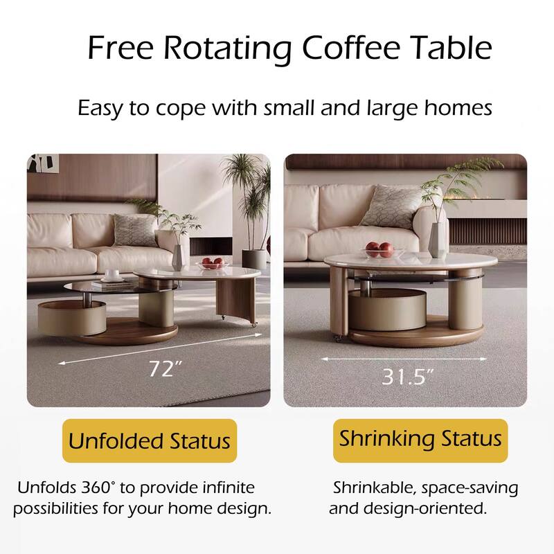 31.5" Modern Multifunctional Rotating Coffee Table, Faux Marble Glossy Table top, Saddle Leather Swivel Drawer
