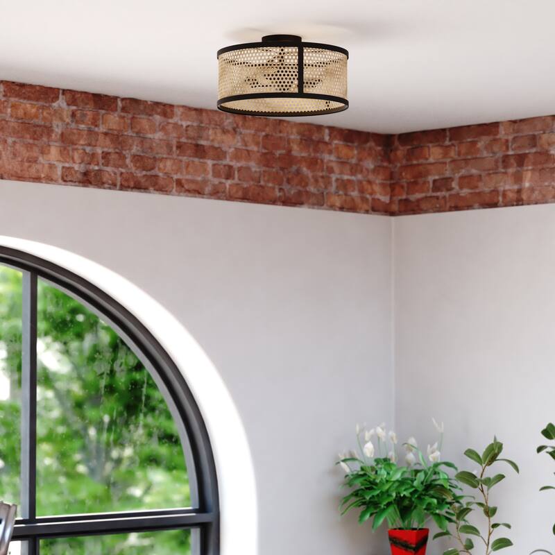 Berens 15.5-in W Matte Black Modern Farmhouse Drum Semi Flush Mount Ceiling Light with Rattan Cane Shade