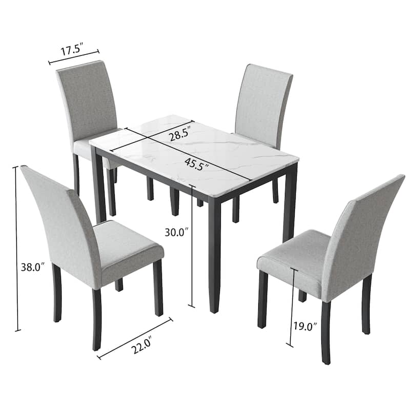 Corvus Fowey 5-piece Dining Set, Marble Sticker MDF Table and 4 Upholstered Chairs