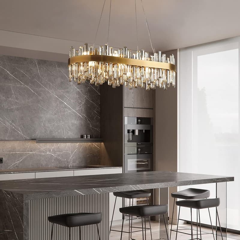 35.4'' Modern Crystal Chandelier 16-Light Rectangle Gold Brass Chandelier Luxury 2-Tier Crystal Pendant Light for Kitchen Island
