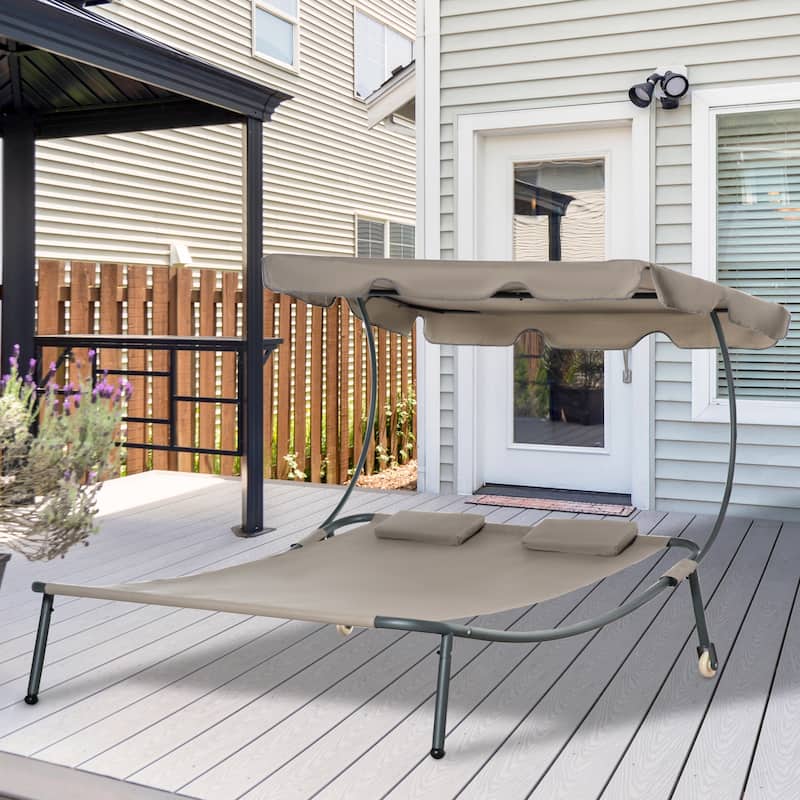 Outsunny Patio Double Chaise Lounge Chair, Outdoor Wheeled Hammock Daybed with Adjustable Canopy and Pillow