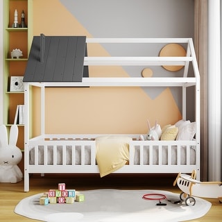 Twin Size House Bed Wooden Montessori Bed with Roof Fence for Kids