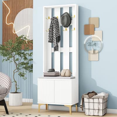 Modern Hall Tree, Wood Coat Rack with 8 Gold Hooks and Legs, Entryway Upholstered Bench with Adjustable Shelves & Doors