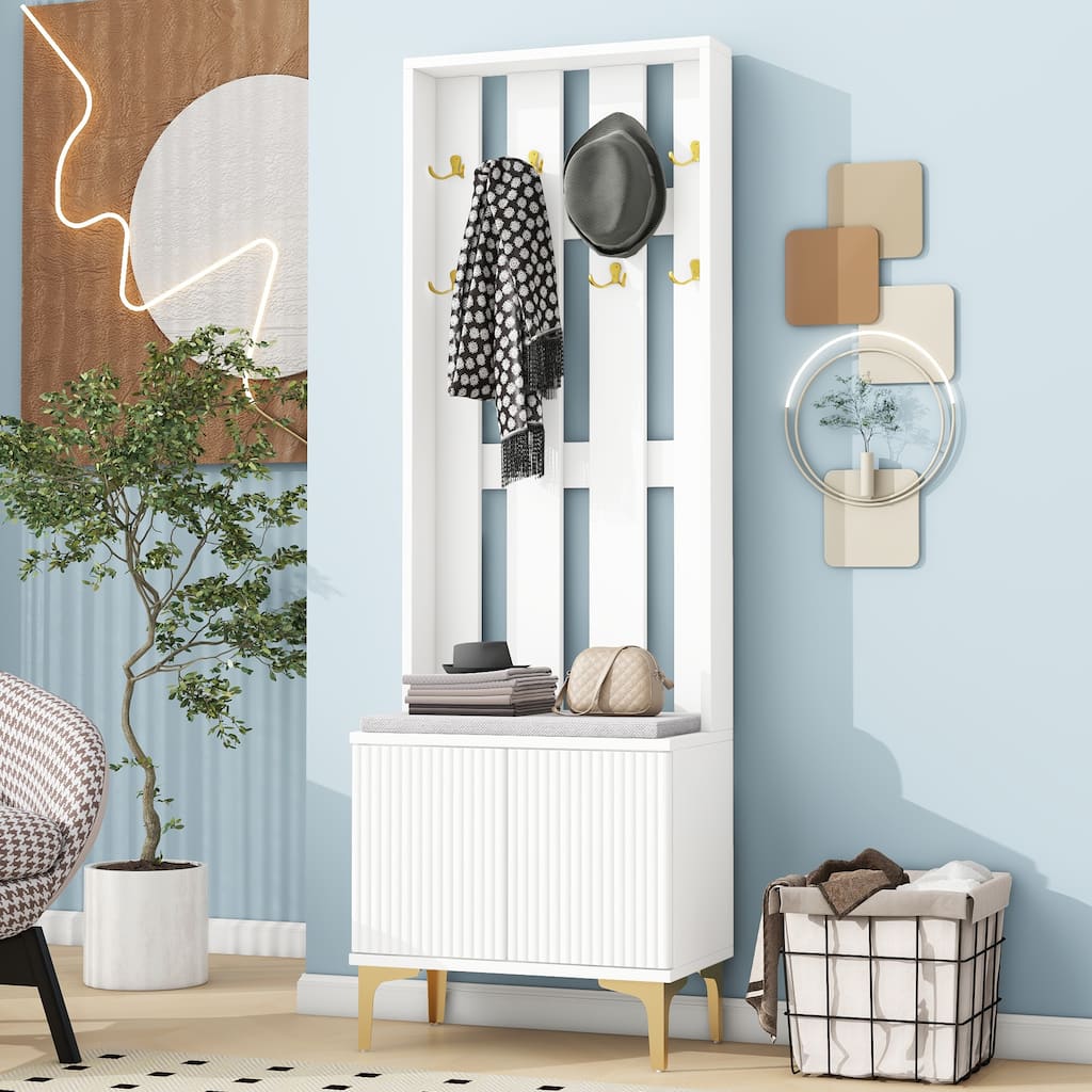 Modern Hall Tree, Wood Coat Rack with 8 Gold Hooks and Legs, Entryway Upholstered Bench with Adjustable Shelves & Doors
