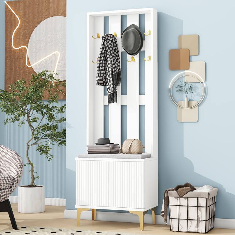 Roomfitters Luxury Hall Tree with Bench and Cushion, Versatile 4-in-1 Mudroom Organizer with Fluted Doors - White