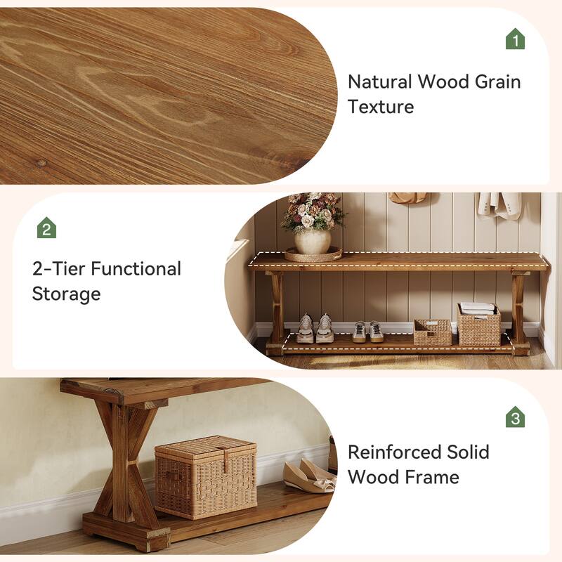 59'' Solid Wood Entryway Bench, 2-Tier Farmhouse Foyer Shoe Bench