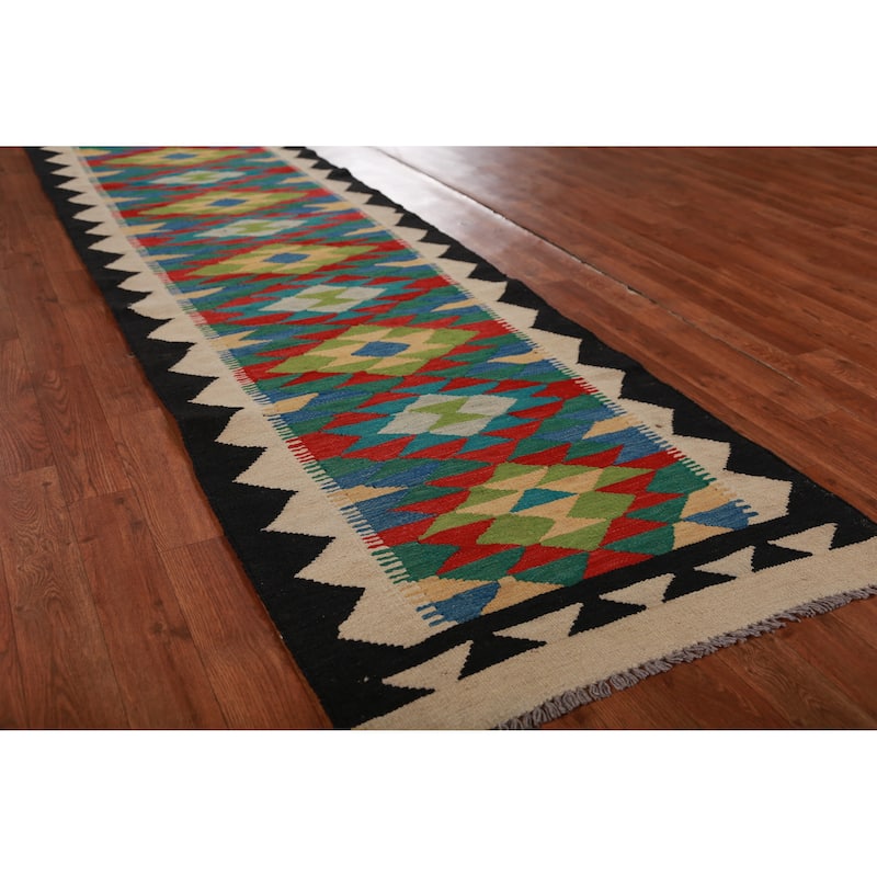 Hand Woven Oriental 100% Wool Carpet Southwestern Geometric Multi-Colored Kilim Runner Rug - 12' 8'' X 2' 8''