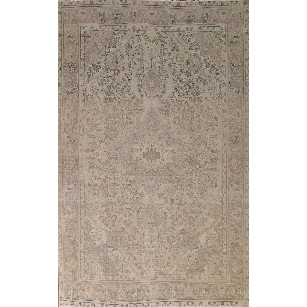 Hand Knotted Oriental 100% Wool Carpet Traditional Floral Beige & Ivories Tabriz Area Rug - 10' 11'' X 8' 1''