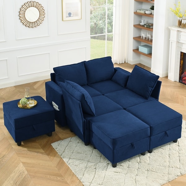 7 Seater Modular Sectional Storage Sofa Set with 3 Ottomans, Navy Blue