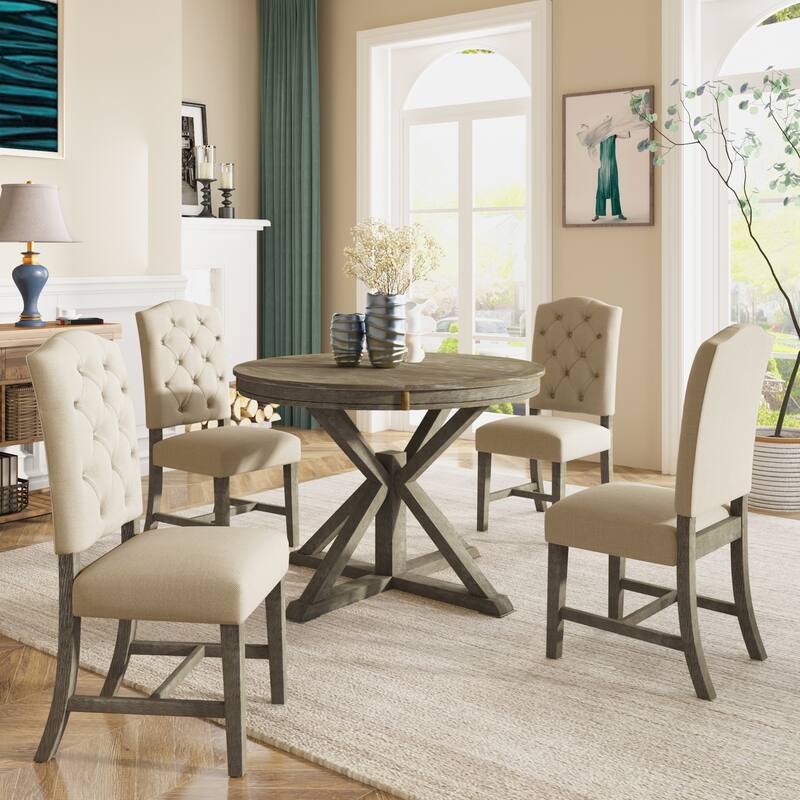 X-Cross Leg Round Dining Table Set Wooden Extendable End Table with 4 Upholstered Chairs for Dining Room & Living Room Bistro