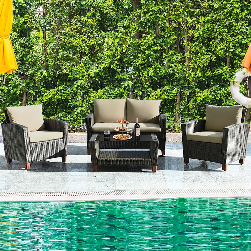 4 PCS Patio Rattan Furniture Set Outdoor Wicker Conversation Set