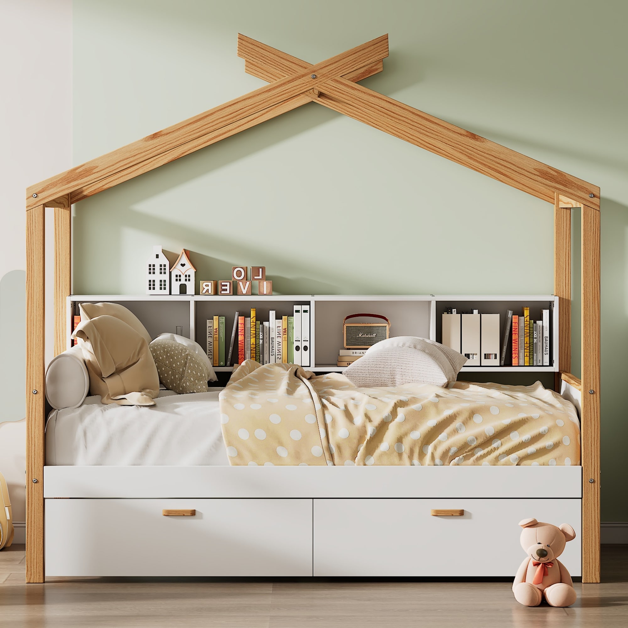 White Wooden House Bed with Original Wood Colored Frame Bookshelf Storage Space for Children or Guest Room