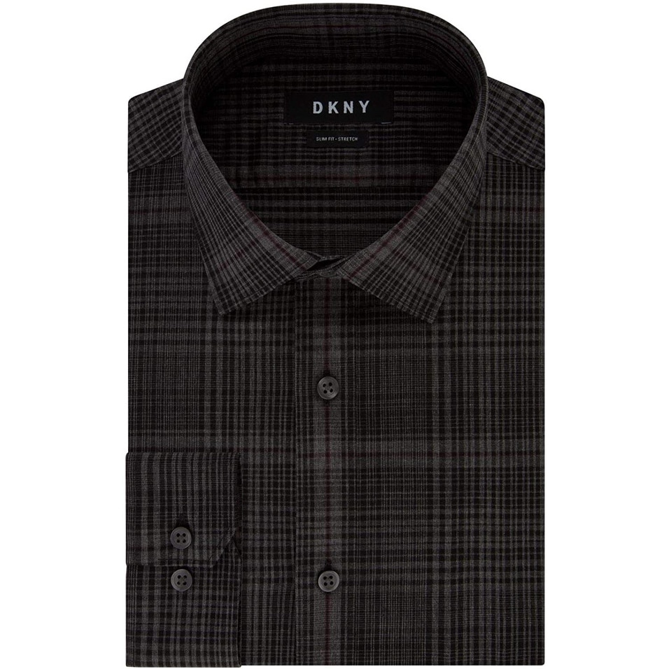 Dkny Mens Dress Shirt Black Size Small S 14 1 2 Slim Fit Stretch Plaid Overstock 33396805