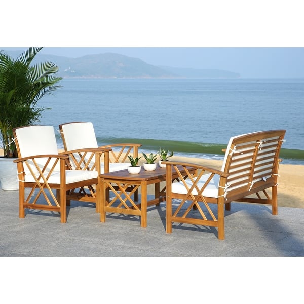 slide 2 of 105, SAFAVIEH Outdoor Fontana 4-piece Acacia Wood Patio Conversation Set