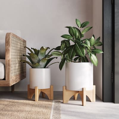 Raya White Indoor Metal Pot Planter With Arch Wood Base Set - 12.25"H x 9.75"W x 9.75"D