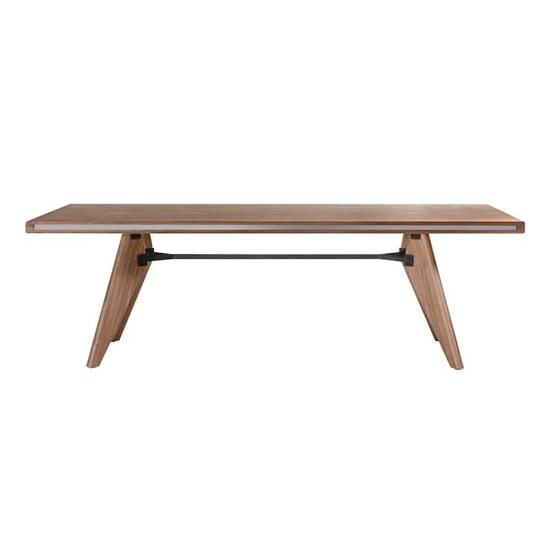 Cid Lane 87 Inch Dining Table, Walnut Brown Wood, Black Metal Rod Support