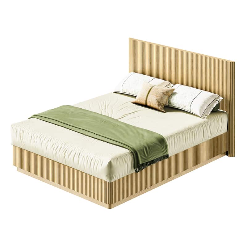 Low Profile Bed Frame with High Headboard, LED Light Strip Under Bed, Wooden Corrugated Curved Platform Bed, Metal Frame Support