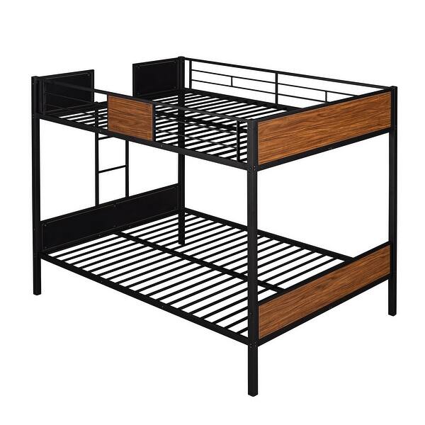 slide 2 of 16, Modern Style Twin Over Twin Bunk Bed with Built-In Ladder,Solidly Guardrails Black+Brown