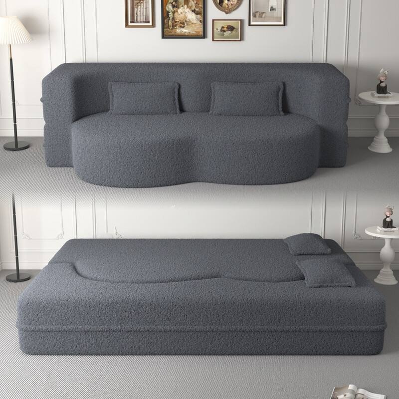 Modern Convertible Floor Sofa Bed - Full Size Foldable Sleeper with Memory Foam, 2 Pillows & No Assembly Needed - Grey