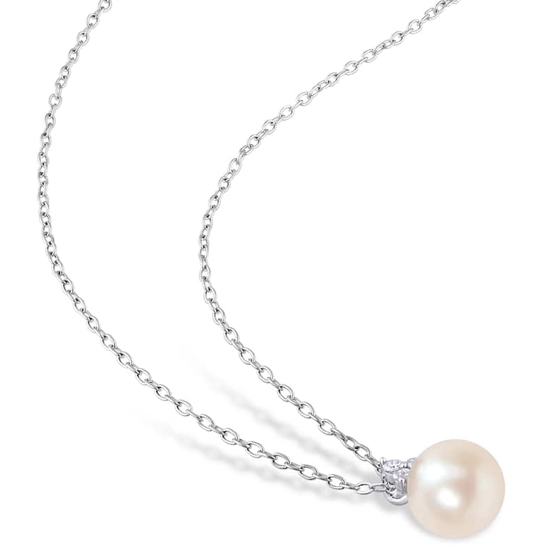 Miadora 1/5 Ct Diamond Tw 8 - 8.5 Mm White Freshwater Cultured Pearl Fashion Earrings & Pendant With Chain Silver I3