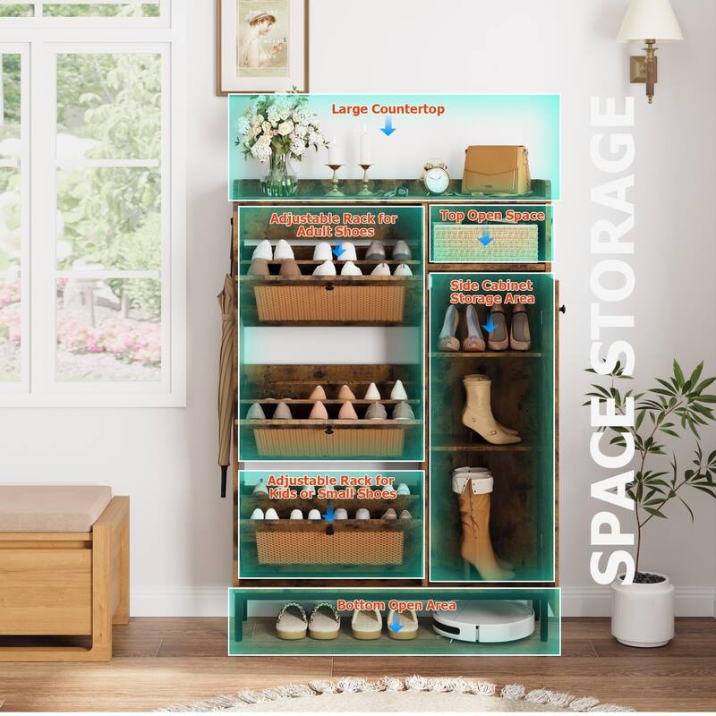 Rattan Shoe Storage Cabinet with 3 Flip Drawers - 3 Flip Drawers