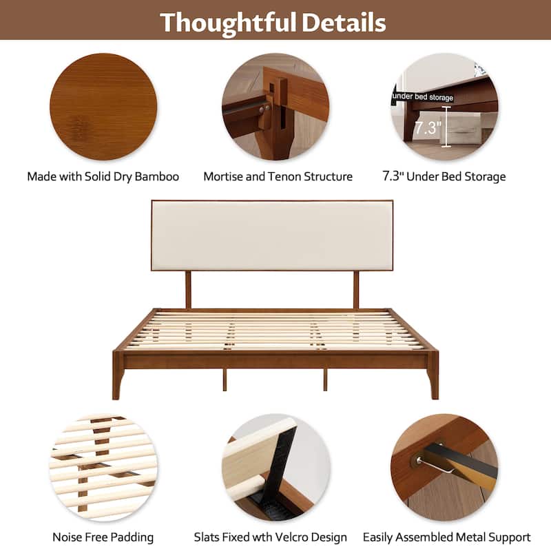 Solid Dry Bamboo Wood Platform Bed with Bamboo Frame, Upholstered Adjustable Headboard, Noise-Free Design, Easy Assembly