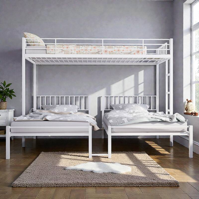 Metal Triple Bunk Bed for Kids, Twin Over Twin Over Twin Bunk Bed for 3, Detachable into 3 Twin Beds - White - Twin
