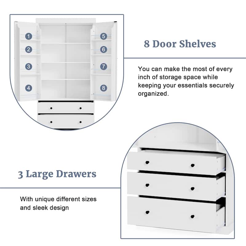 Freestanding Tall Cupboard Storage Cabinet w/ 8 Door Shelves, 3 Drawer