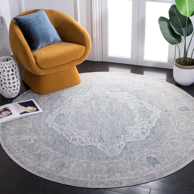 SAFAVIEH Dream Axenia Vintage Abstract Polyester Rug - 6'7" Round - Grey/Blue