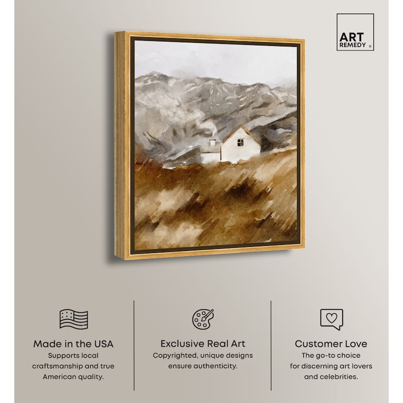 Art Remedy House In The Mountains Framed Landscape 1 Piece Canvas Wall Art Watercolor Style