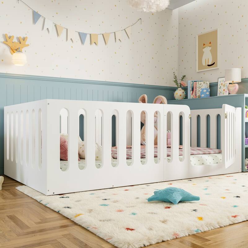 Toddlers Montessori Floor Bed with High Fence, Door, Low Profile Platform Bed Frame for Kids with No Box Spring Needed, No Slats