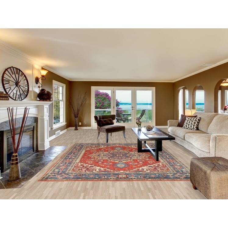 Geometric Heriz Serapi Indian Rug Hand-Knotted Orange Wool Carpet - 7'10"x 9'9"