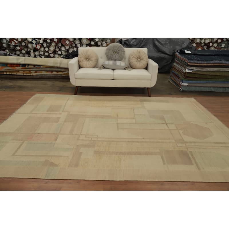 Hand Woven Oriental 100% Wool Carpet Southwestern Modern Beige & Ivories Kilim Area Rug - 10' 0'' X 7' 9''