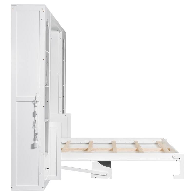Queen Size Murphy Bed w/ Built-in Desk, 2 Arched Cabinets and 2 Drawers, Luxurious Folding Bed Frame w/ LED Light