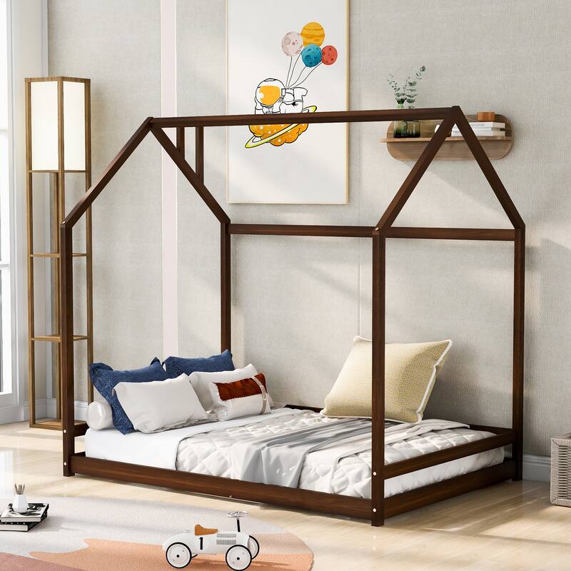 Pine House Low Bed with Roof & Chimney