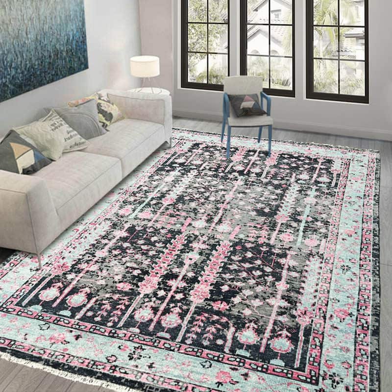 Hand Knotted Turkish Oushak Black Arts & Crafts 100% Wool Area Rug