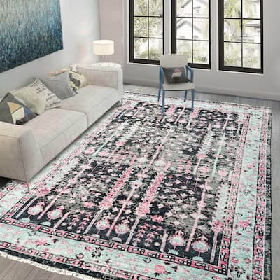 Hand Knotted Turkish Oushak Black Arts & Crafts 100% Wool Area Rug