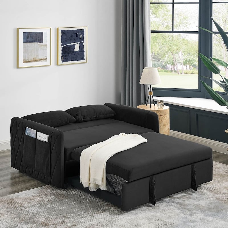 55" Modern Velvet Convertible Sofa Bed with 2 Removable Arm Pockets and 2 Pillows