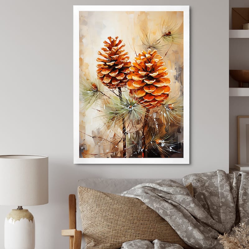 Designart "Spruce Pine Tree Forest IV" Tree Pine Wall Decor Brown - Traditional Bedroom Framed Canvas Wall Art - 16 in. wide x 32 in. high - White