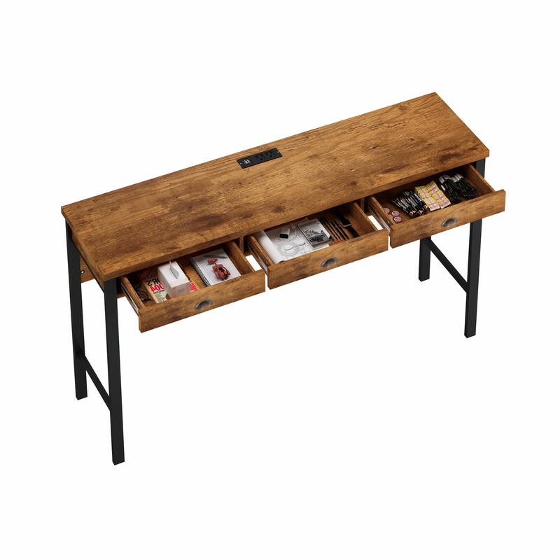 3-Drawer Dining Table Set with Power Outlets and Circular PU Stools
