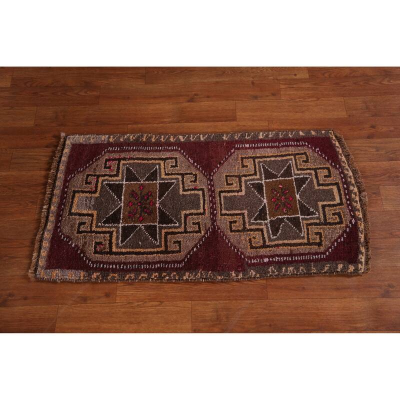 Hand Knotted Oriental 100% Wool Carpet Transitional Tribal Purples Anatolian Area Rug - 2' 11'' X 1' 7''