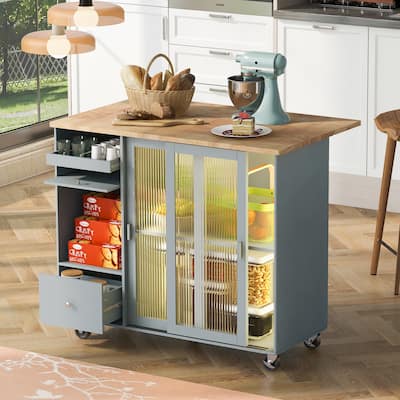 Kitchen Island with Drop Leaf, LED Light Kitchen cart on Wheels with 2 Fluted Glass Doors and 1 Flip Cabinet Door