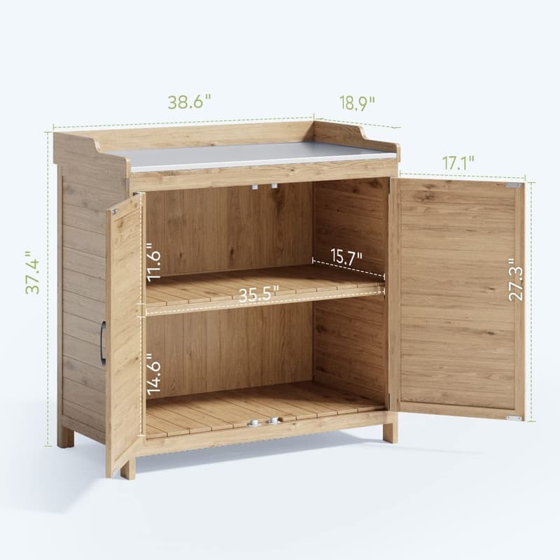 Outdoor Garden Storage Cabinet with Galvanized Top，Wooden Potting Bench Table Workbench with 2 Magnetic Close Doors