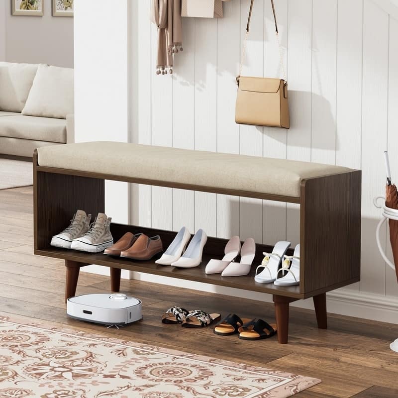 Upholstered End-of-Bed Bench with Shoe Storage - Solid Wood Frame, Anti-Slip Legs