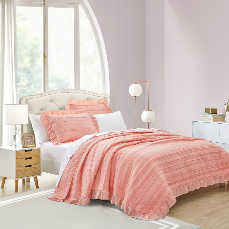 Beaute Living Ruffle Stripe Clip 3-piece Quilt Set - Coral - Full - Queen