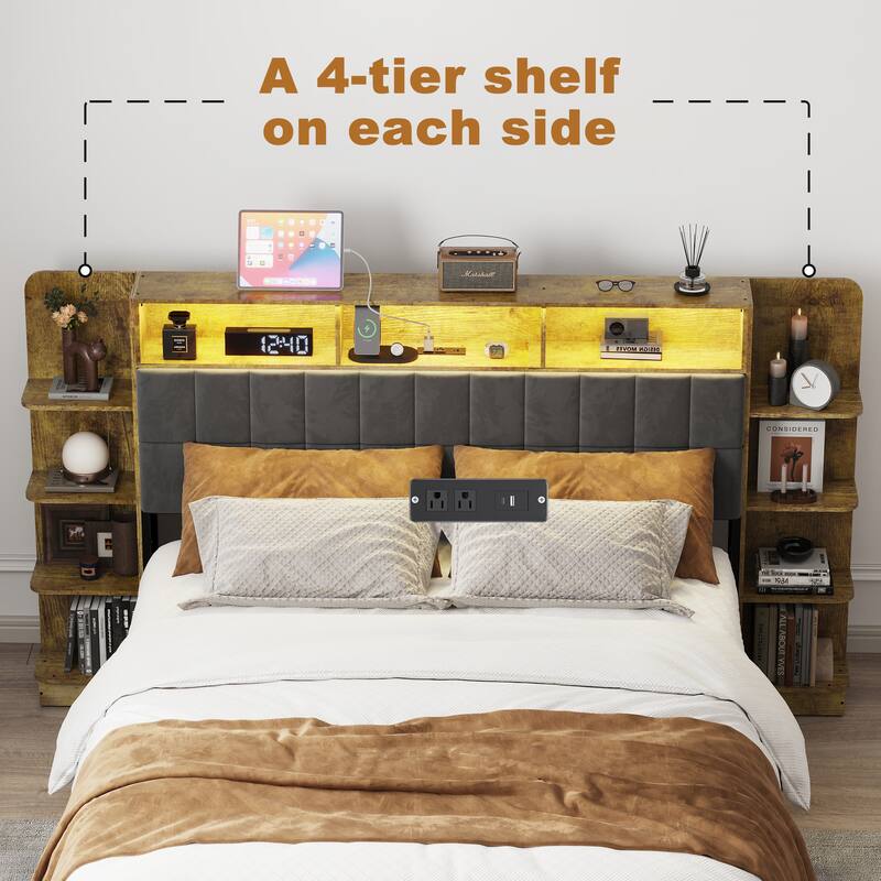 Queen Size Platform Bed Frame with LED Lights, Charging Station, and Storage Shelves, No Box Spring Required for Bedroom