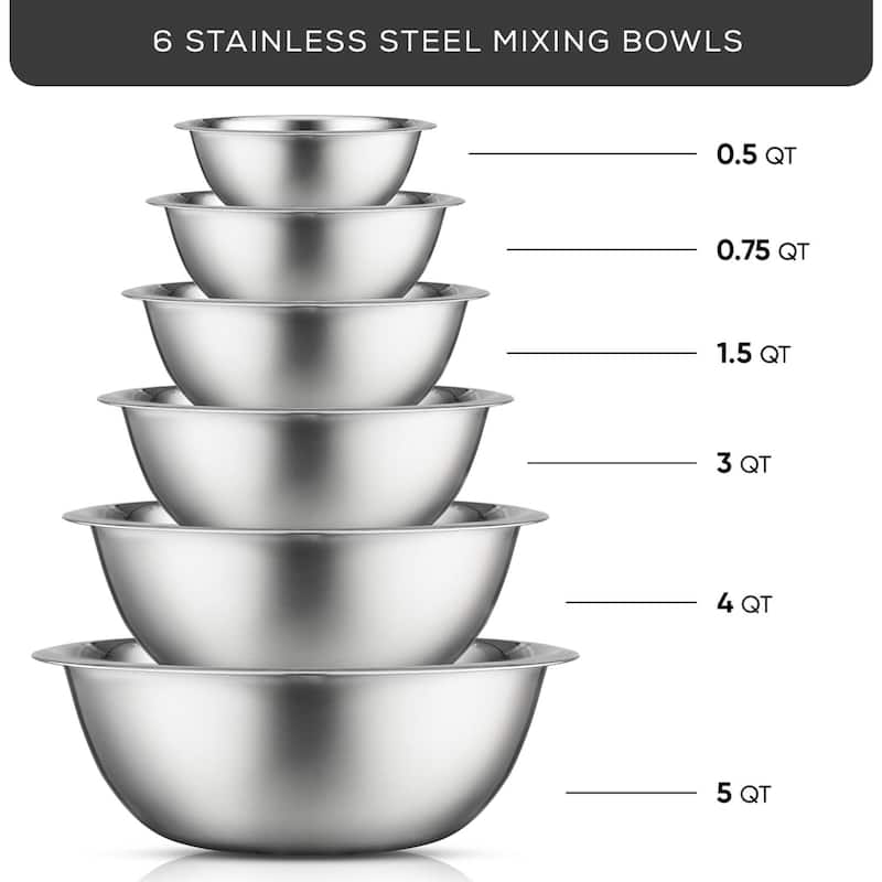 JoyJolt Stainless Steel Food Kitchen Mixing Bowl - Set of 6 - .5QT .75QT 1.5 QT 3QT 4QT 5QT