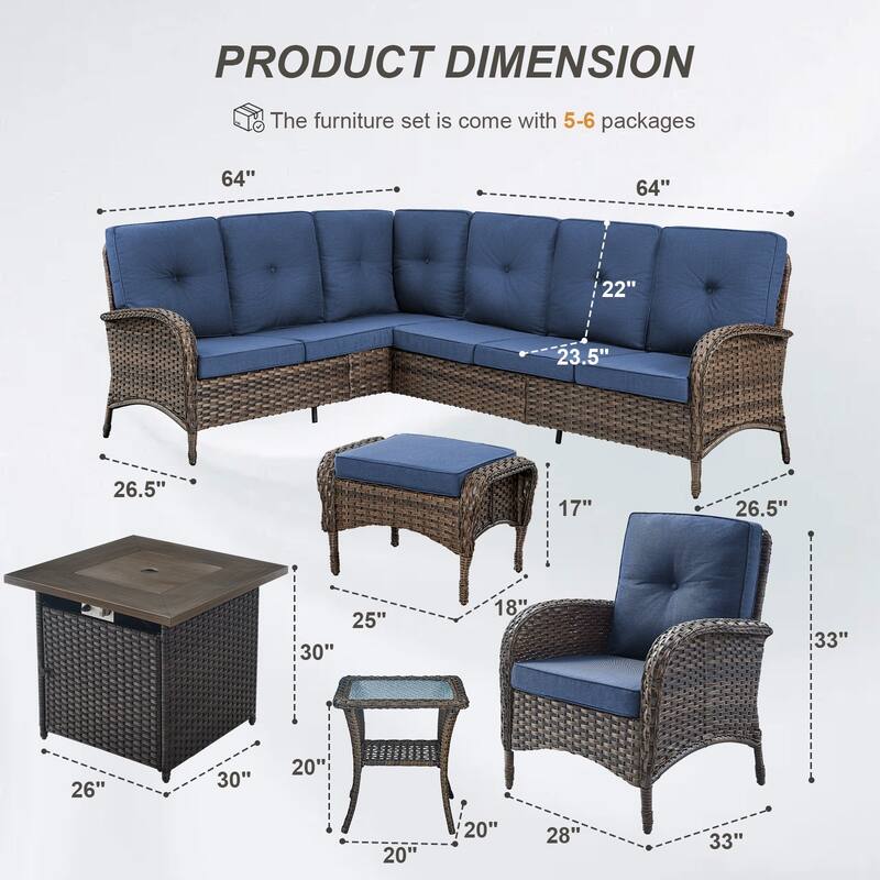 Gymojoy L-Shaped Outdoor Sectional Sofa Set with Fire Pit, Chairs & Ottomans